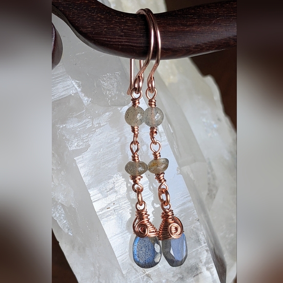 Mystical Labradorite Earrings Dainty Copper Wire Wrapped Design - Picture 7 of 12